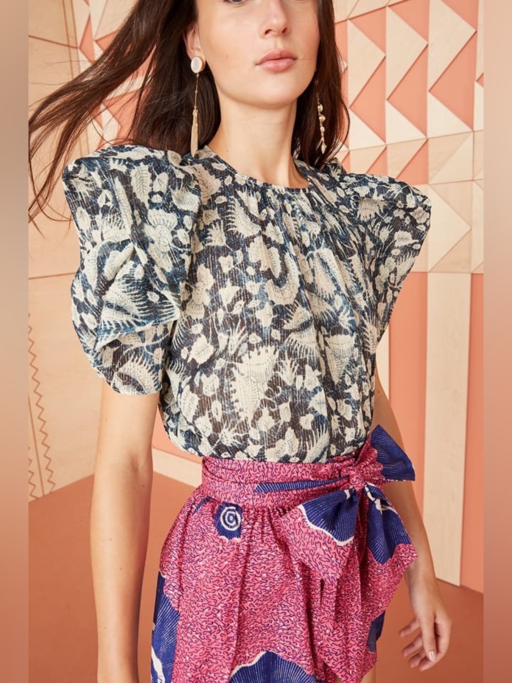 Ulla Johnson Nova Top Indigo Batik Floral Metallic Puff‎ Sleeve Blouse Size 0